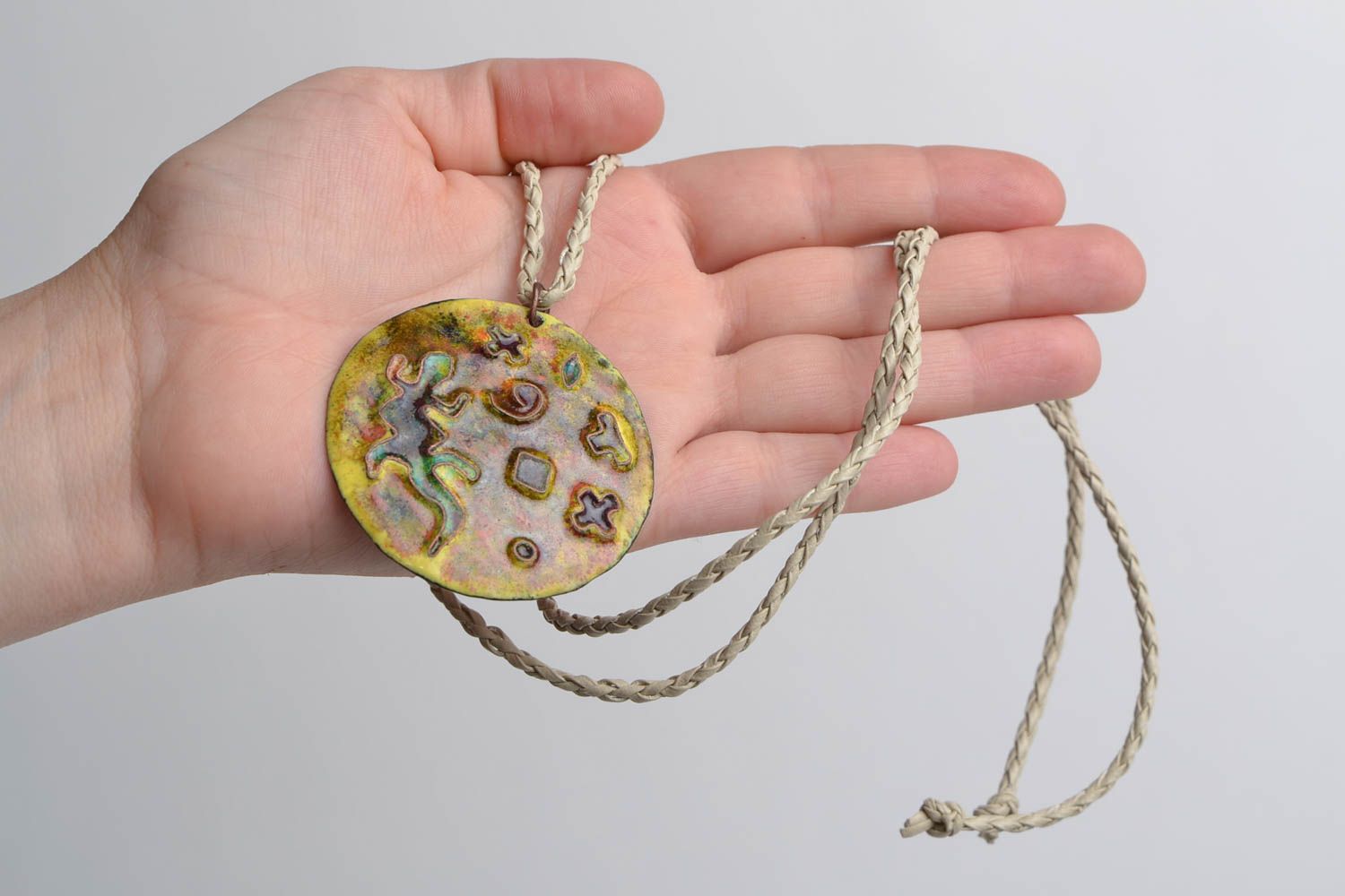 Handmade round copper pendant necklace with colorful enamel painting on cord photo 2