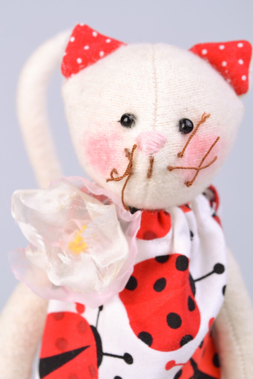 Handmade flannel fabric soft toy white cat in dress with ladybird pattern photo 4