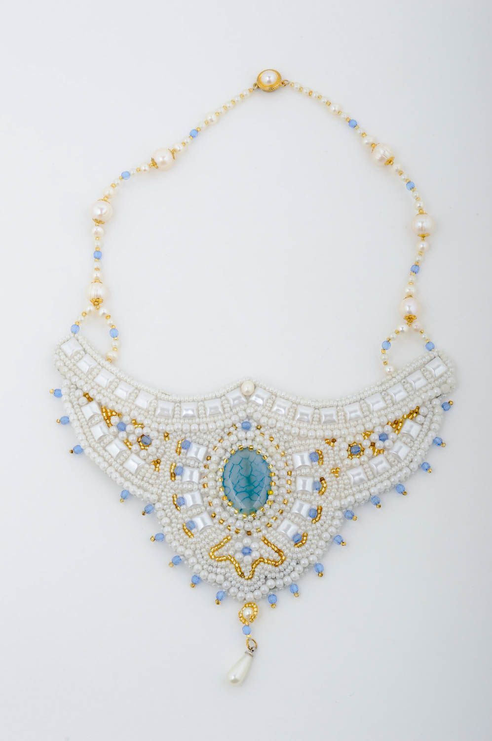 Collier Halskette handmade Glasperlen Schmuck Kette mit Anhänger blau weiß foto 2