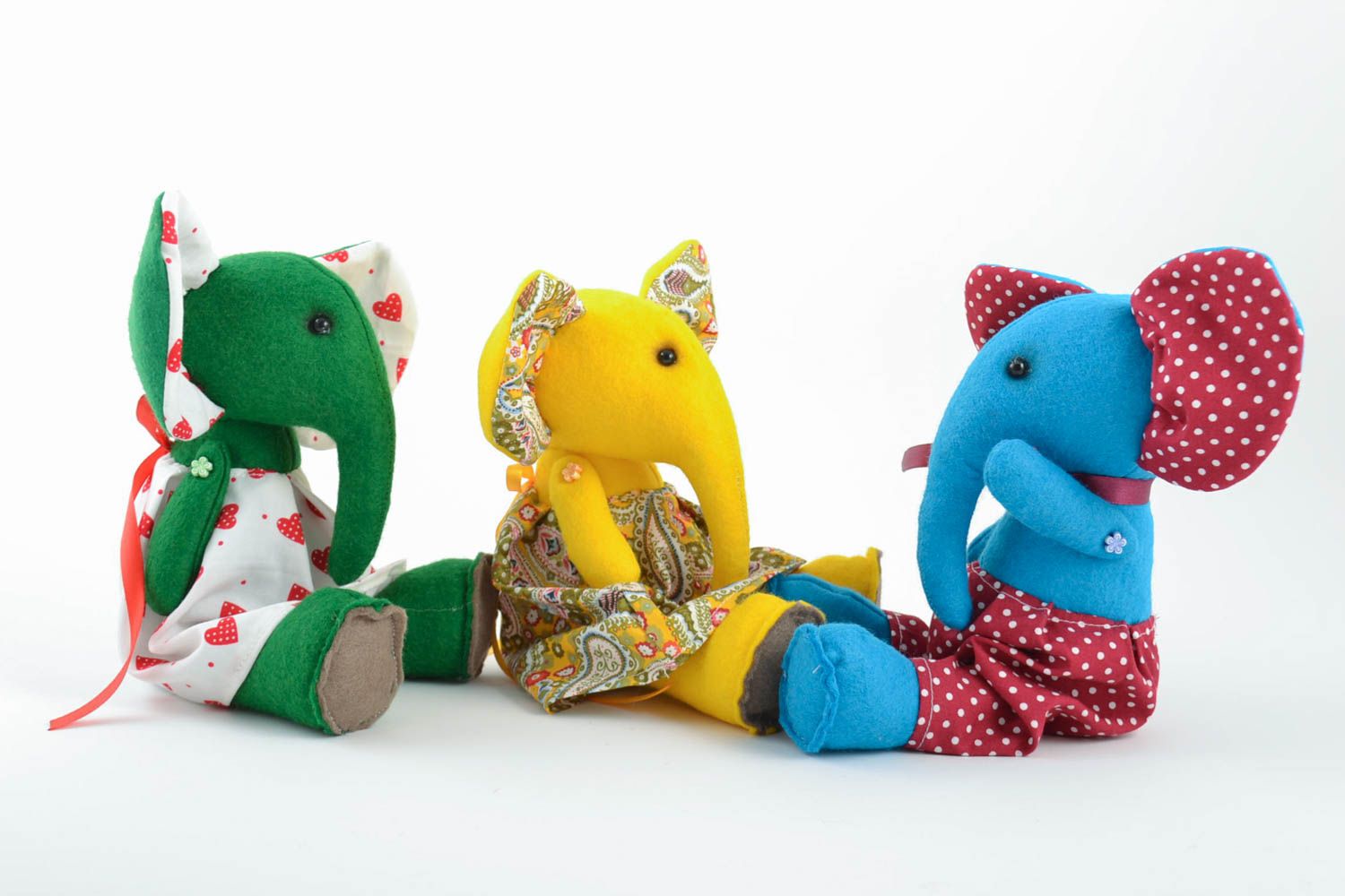 Beautiful handmade felt soft toys set 3 pieces Elephants blue green and yellow photo 5