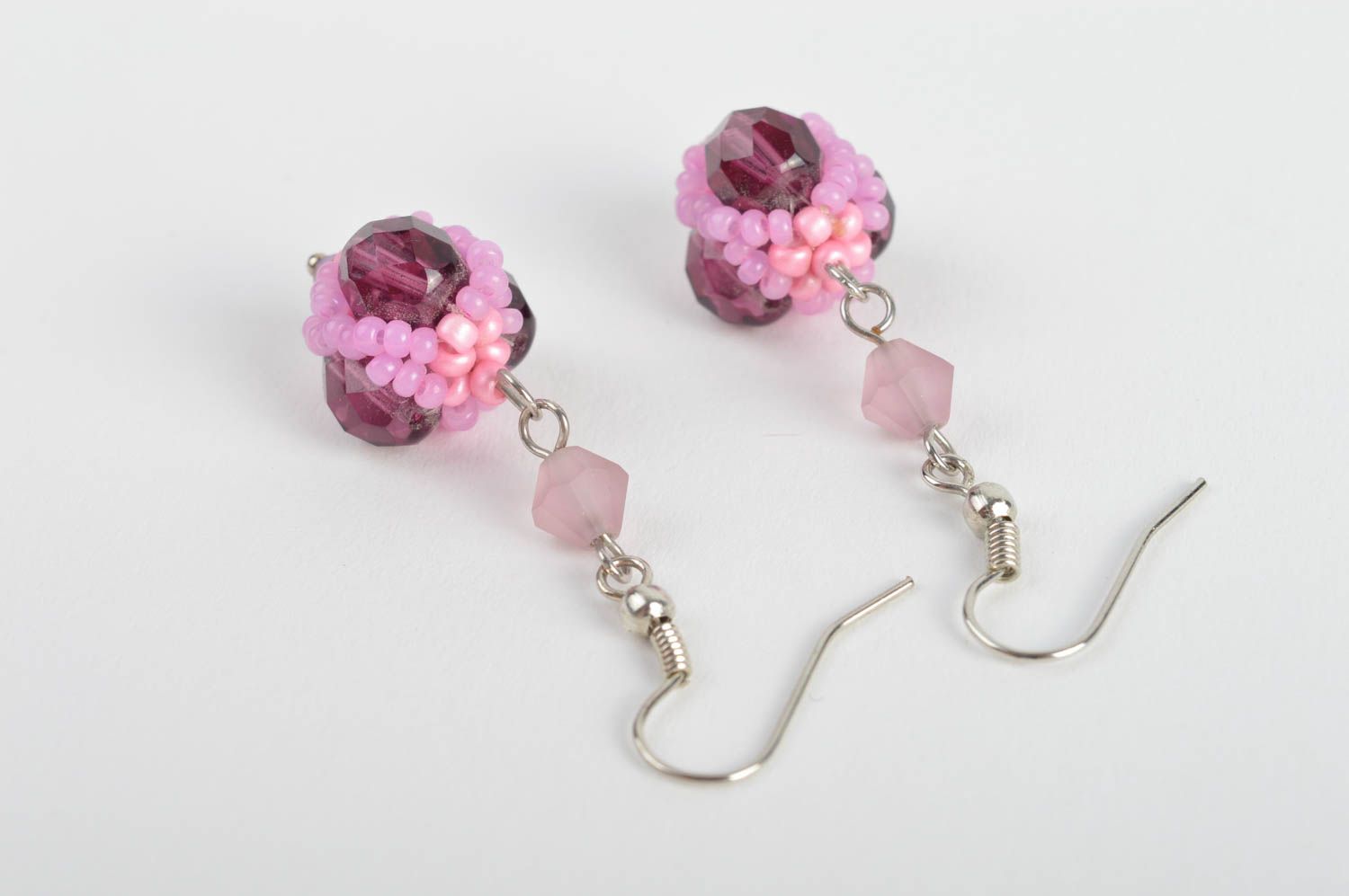 Bright pink long dangle earrings woven of seed and plastic beads handmade photo 5