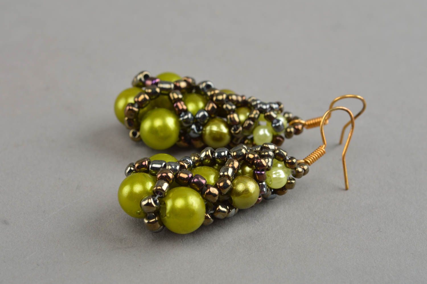 Handmade green earrings beaded accessories with charms designer jewelry photo 3