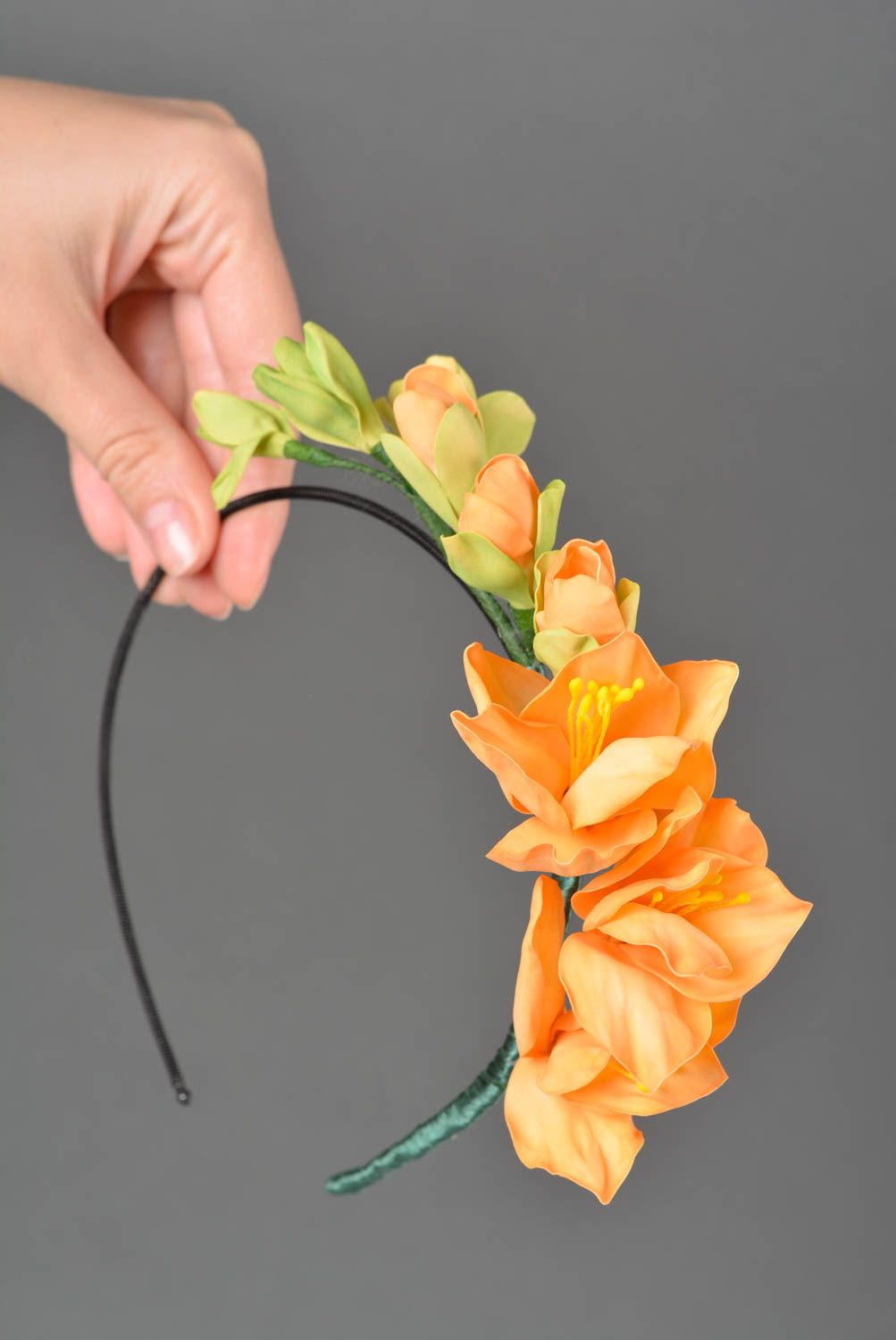 Serre-tête Fleurs en foamiran orange base métallique accessoire fait main photo 2