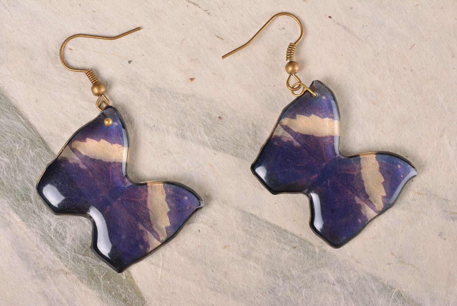Beautiful handmade designer butterfly shaped earrings coated with epoxy dark photo 1