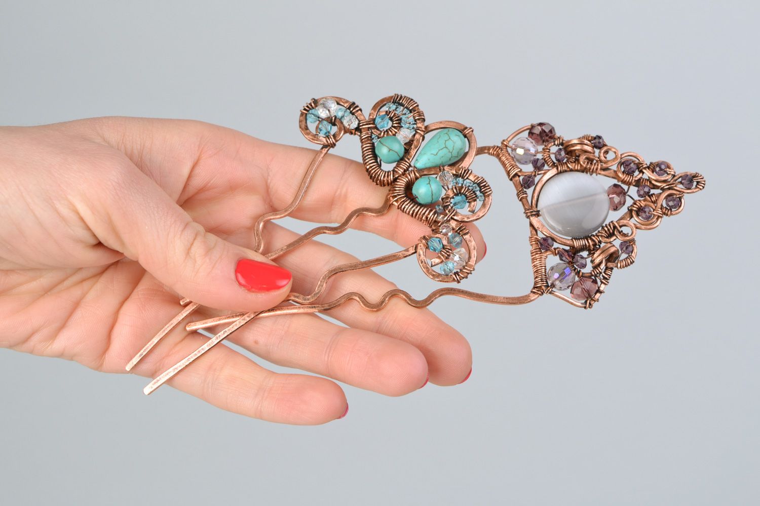 Copper hair pins with natural stones 2 items photo 2