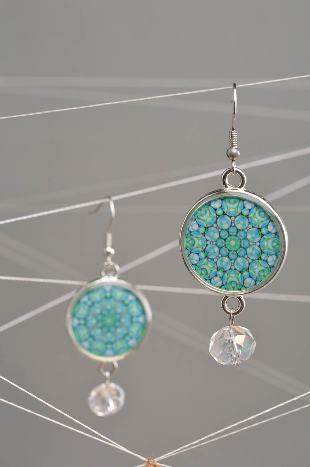 Small handmade decoupage round earrings with patterns photo 1