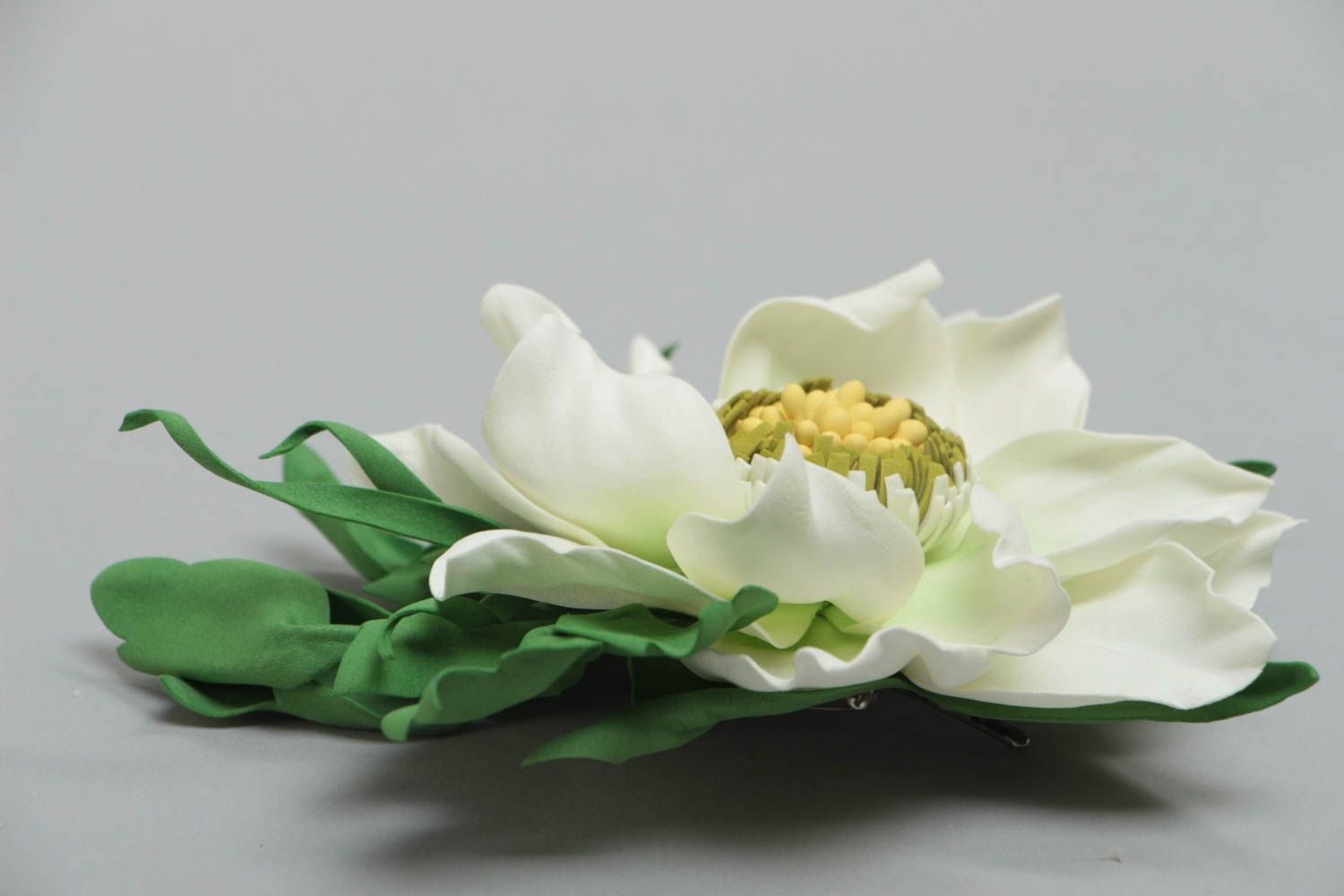 Handmade designer textile foamiran flower brooch hair clip of mint color photo 3