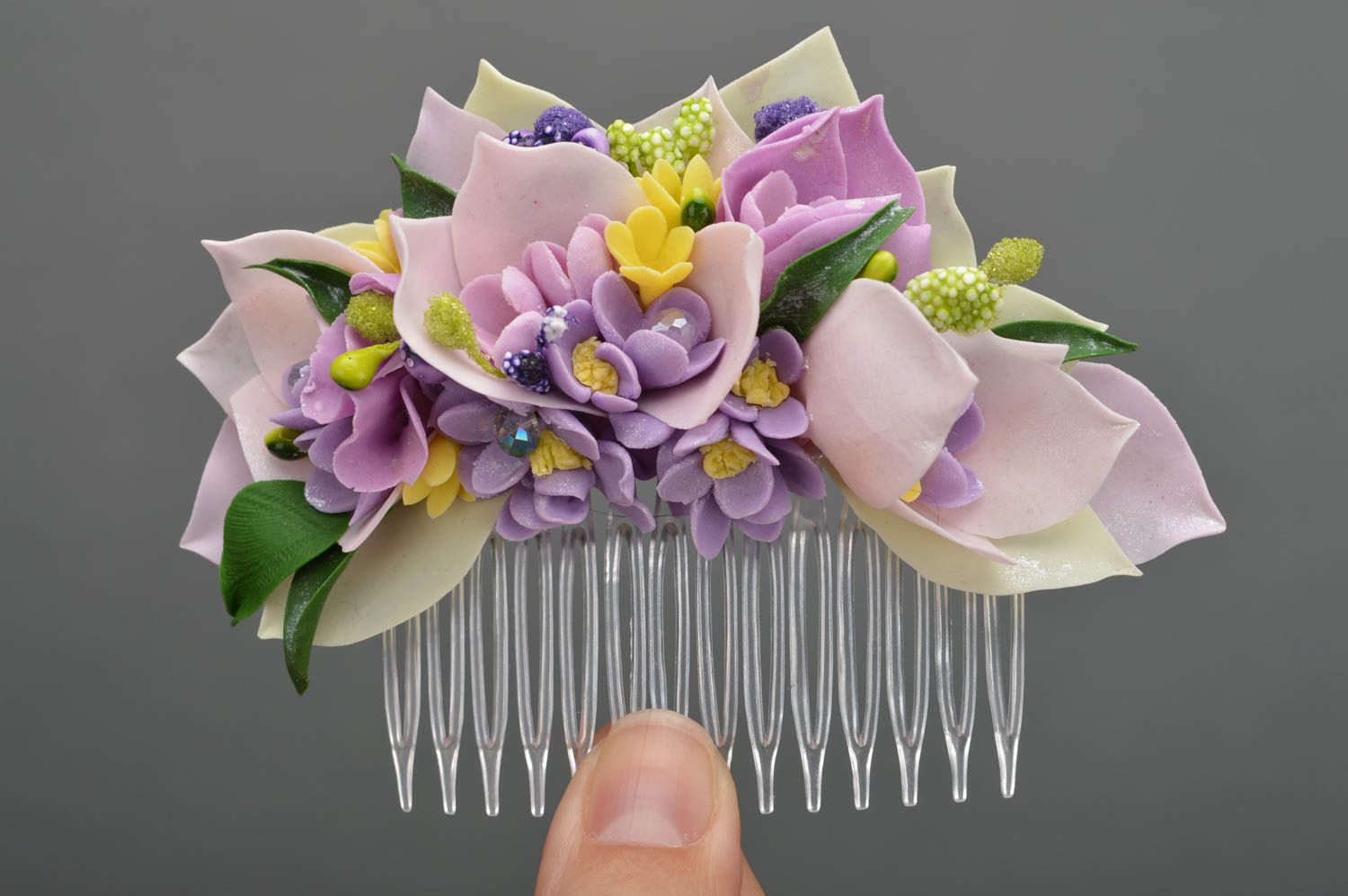 Violet cute handmade beautiful hair comb with flowers made of polymer clay photo 3