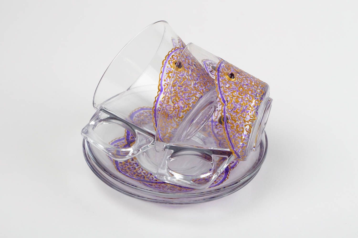 Clear glass two tea cups with square handle and purple and gold hand-painted pattern photo 4