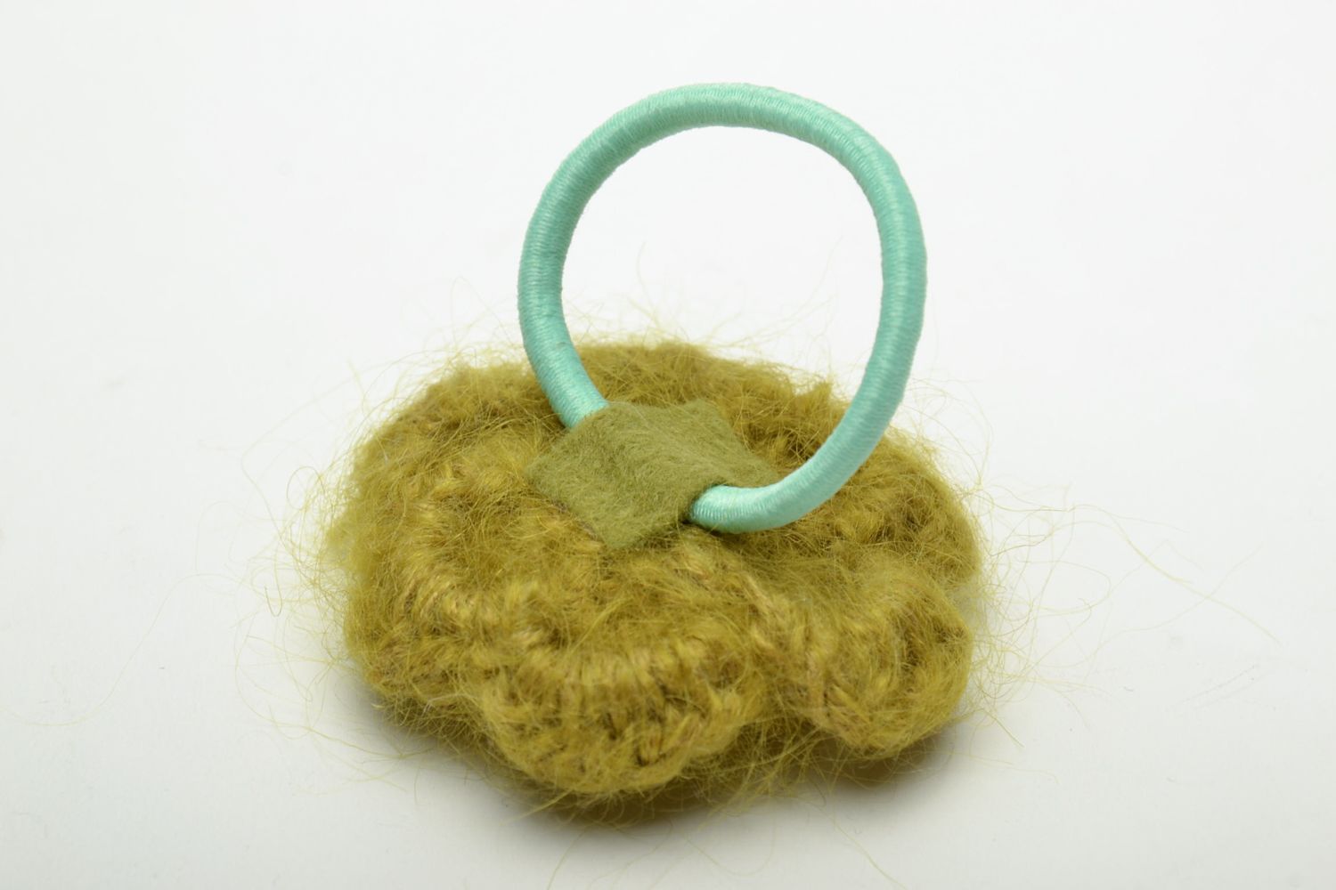 Fluffy olive hair tie with crochet flower photo 5
