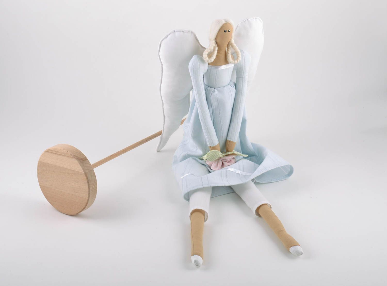 Handmade designer soft toy fairy in tender blue dress with wooden stand photo 4