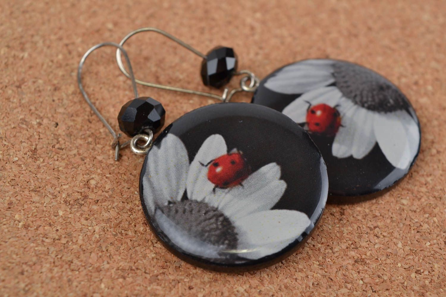 Beautiful homemade polymer clay round earrings with decoupage dark with flowers photo 1
