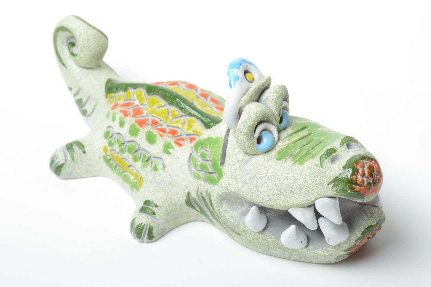 Grelle Keramik Sparbüchse Alligator mit Pigmenten Bemalung Künstler Handarbeit foto 2