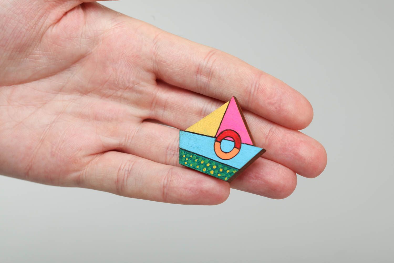 Handmade small designer kid's plywood brooch painted with acrylics colorful boat photo 5