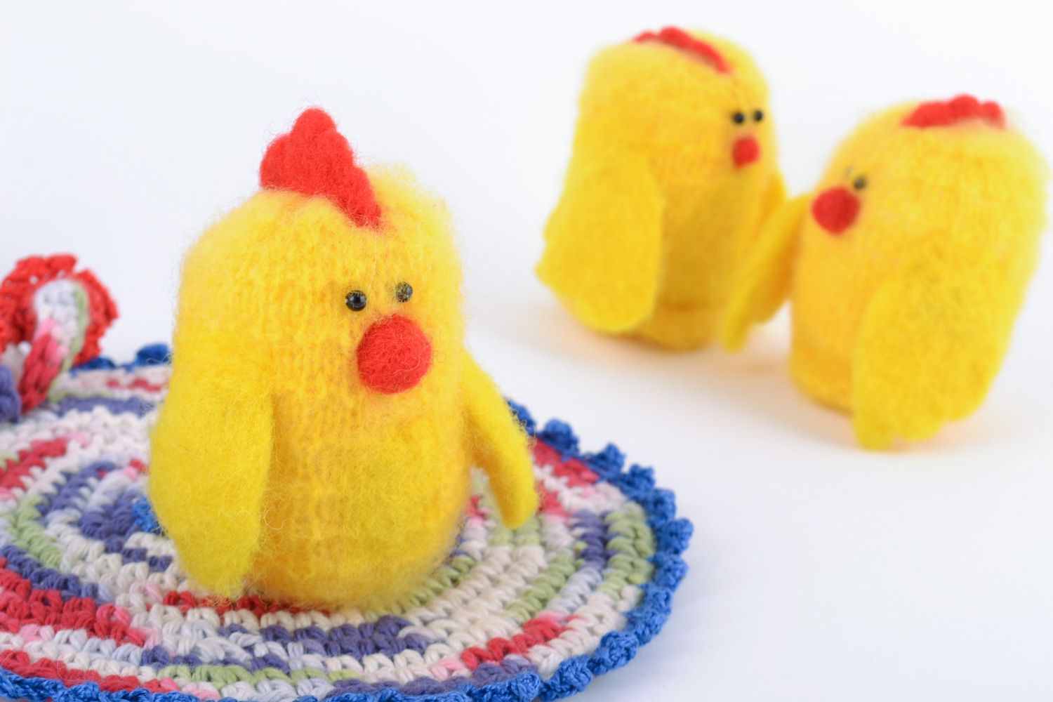 Tiny yellow handmade crochet toy chicken with felted wool tuft photo 1