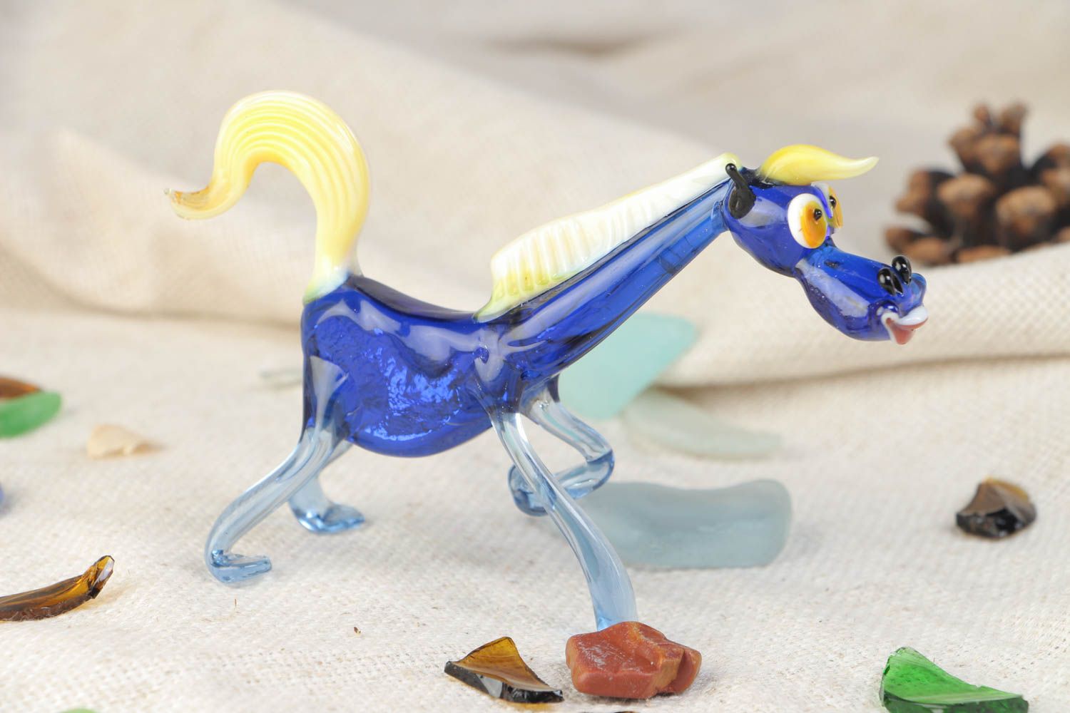 Handmade collectible lampwork glass miniature animal figurine of funny blue horse photo 1