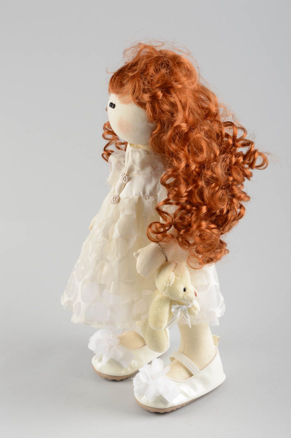 Handmade designer soft doll sewn of linen cute girl with curly hair in dress photo 3