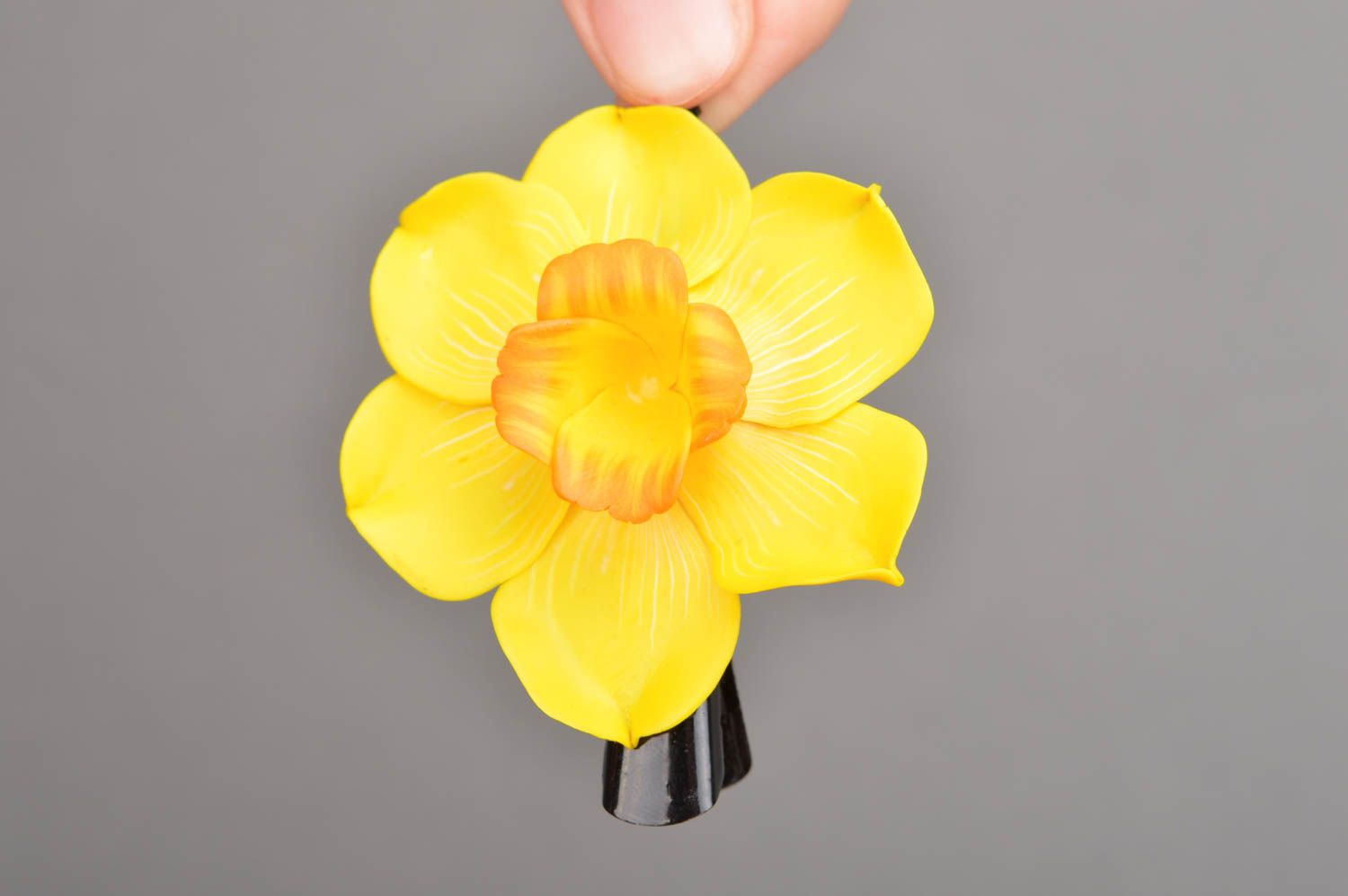 Yellow cute handmade hair clip with flowers made of polymer clay Narcissus photo 3