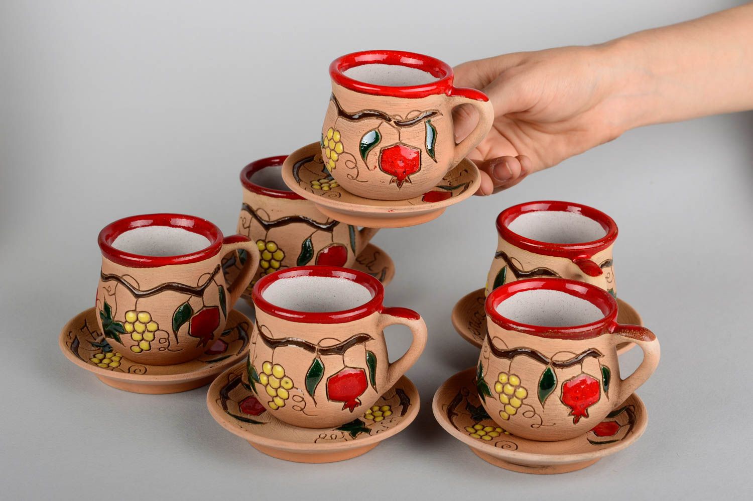 Srt of 6 six ceramic hot wine cups with handles, saucers, and hand-paintings photo 5