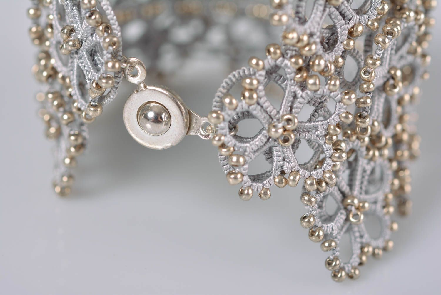 Gray and gold beads' knitted elegant bangle bracelet  photo 5