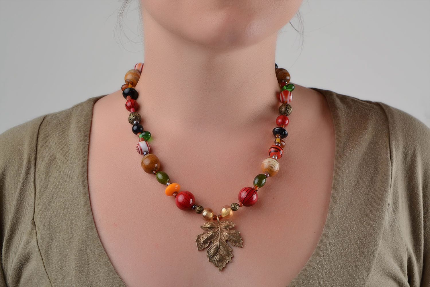 Beautiful homemade designer glass bead necklace with natural jade stone Autumn photo 2