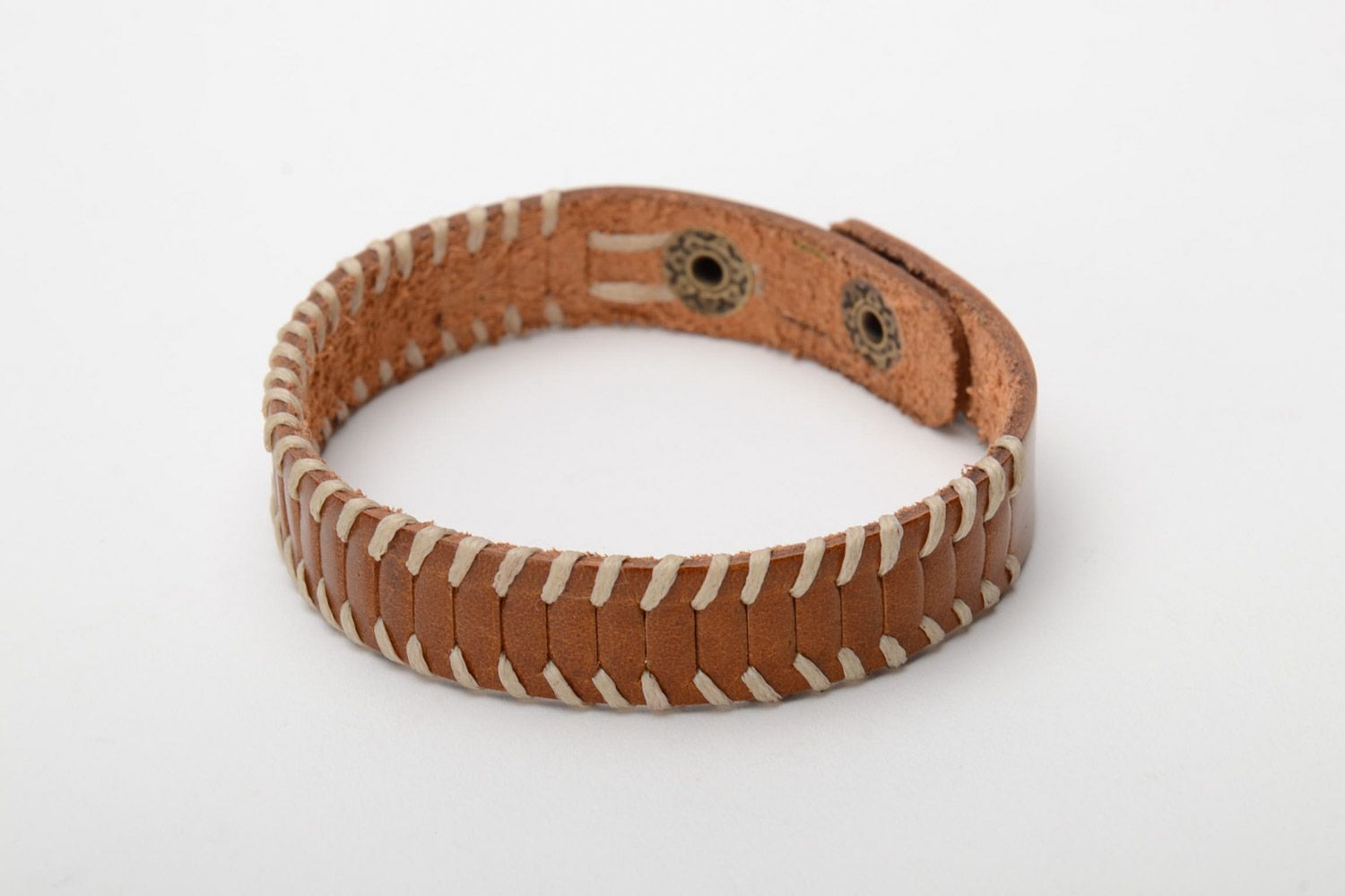 Thin handmade light brown genuine leather wrist bracelet with metal rivets photo 3