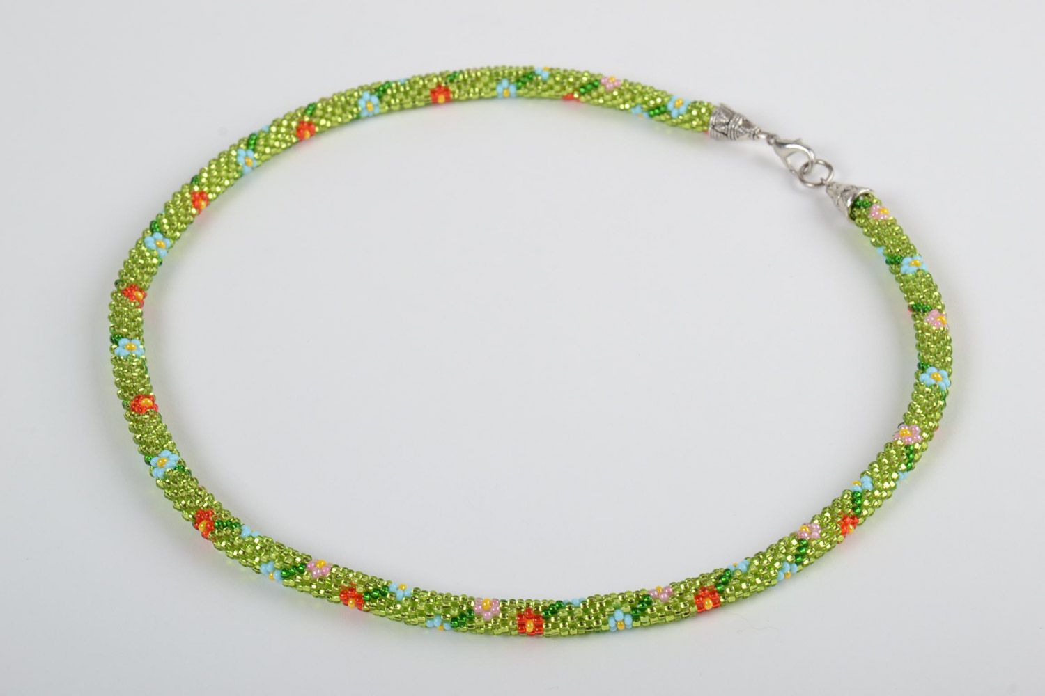 Beautiful bright women's handmade beaded cord necklace of lime color photo 2