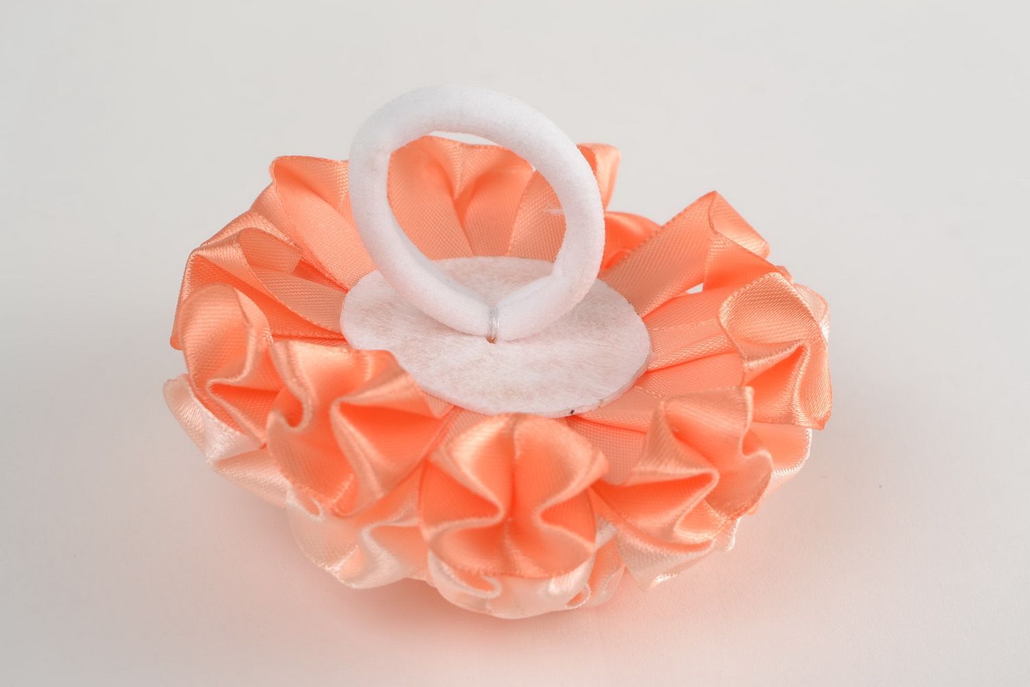 Handmade hair tie with satin ribbon kanzashi flower of peach color for kids photo 5