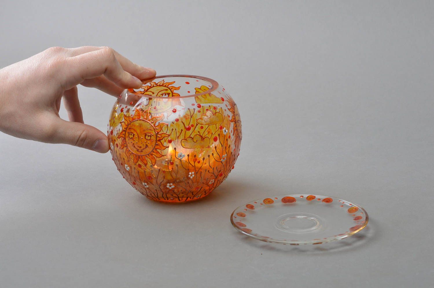 Runder brauner bemalter Kerzenhalter aus Glas handmade Accessoire für Interieur  foto 4