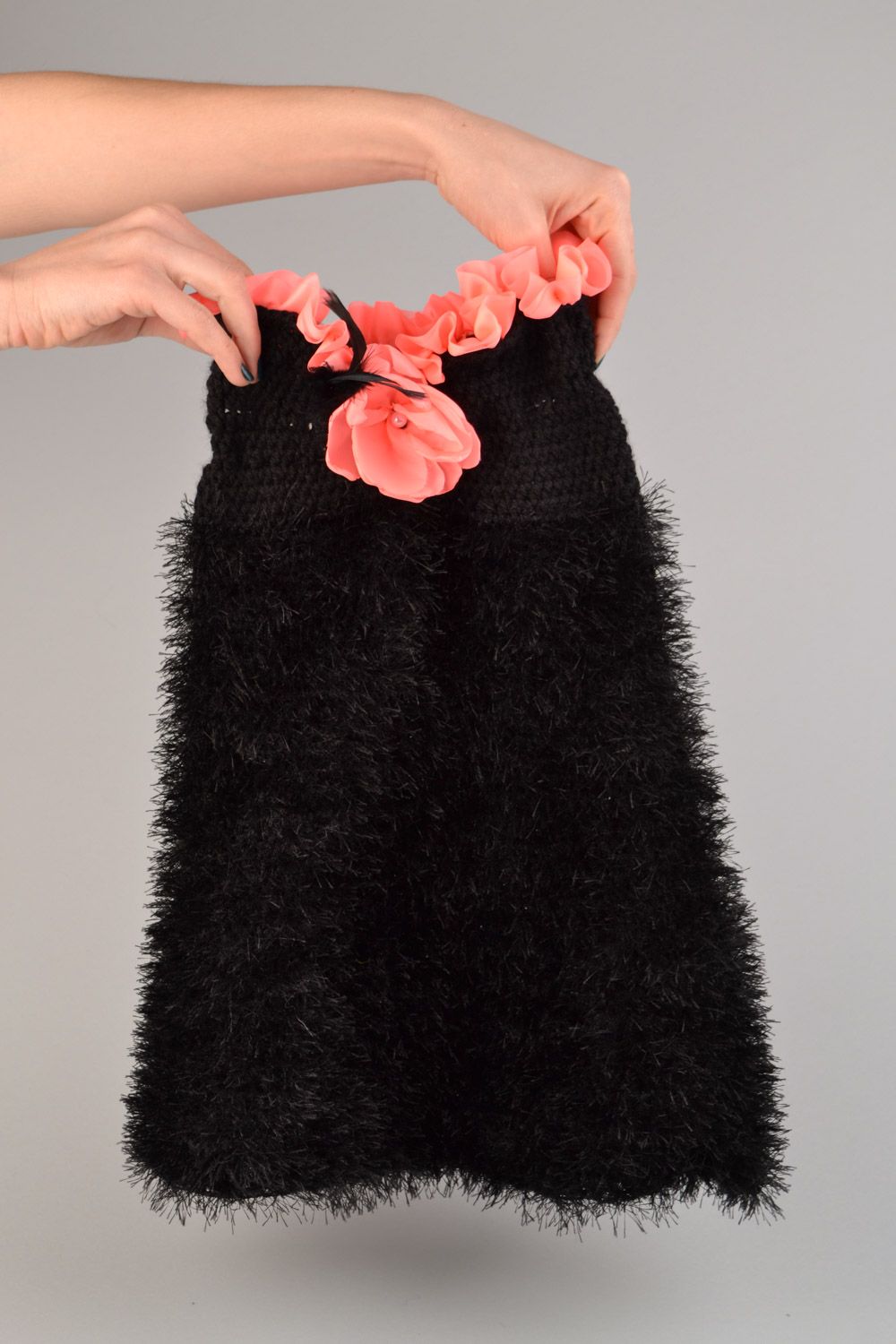 Handmade black dress crocheted of acrylic threads with silk flower for baby girl photo 1