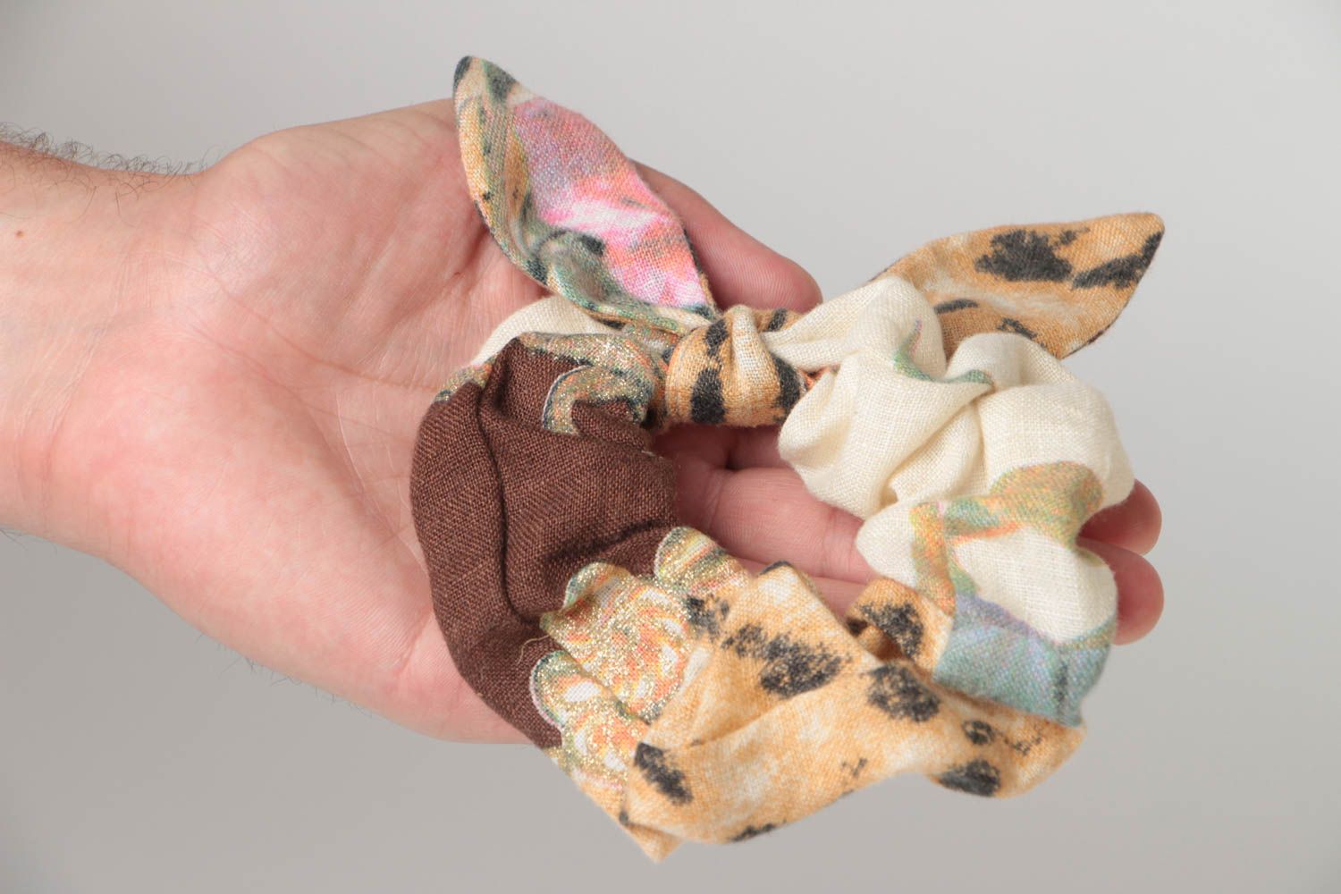Handmade large volume decorative colorful linen fabric hair tie with dolly bow photo 5