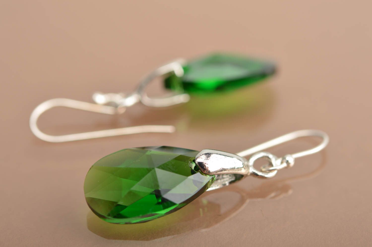 Beautiful stylish cute handmade emerald long earrings with Austrian stones photo 5