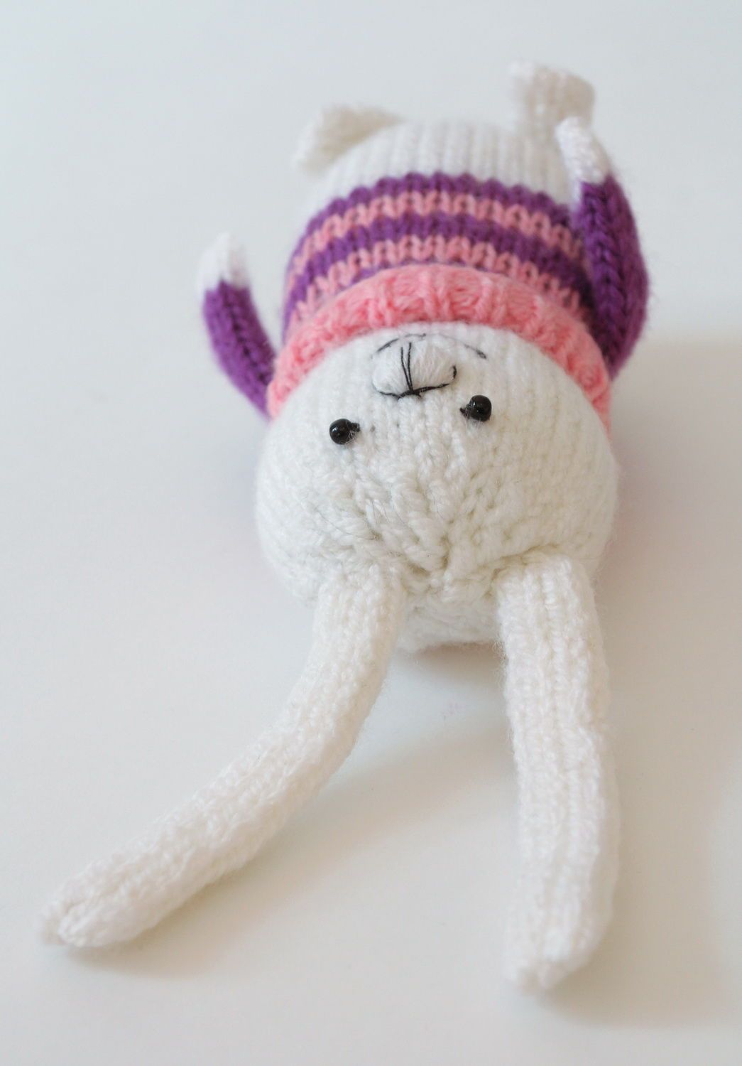 Knitted toy Baby rabbit in pink-purple sweater photo 5