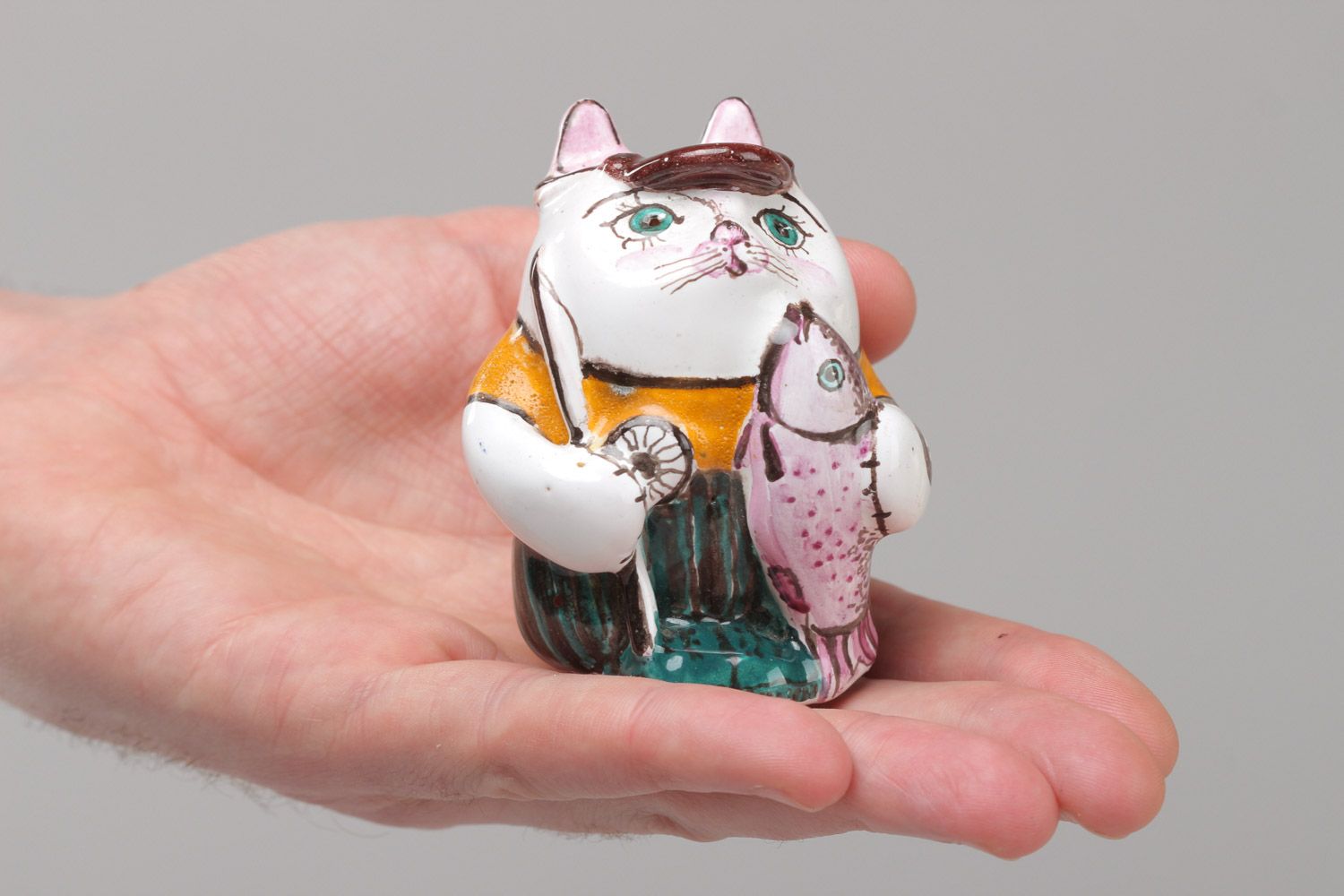 Unusual handmade painted ceramic figurine in the shape of cat photo 5