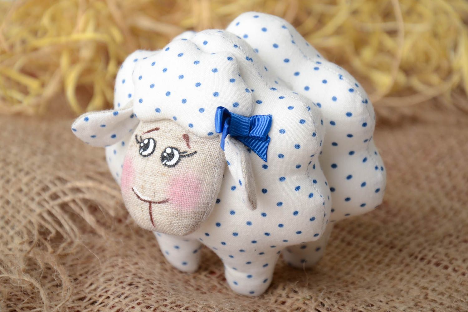 Handmade small white and blue polka dot linen and cotton fabric soft toy lamb photo 1