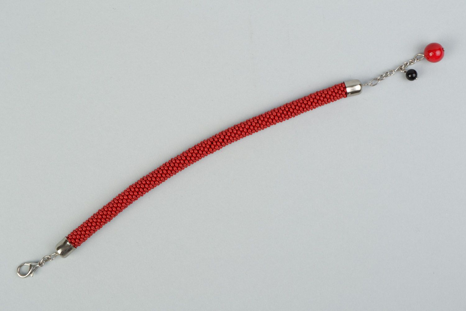 Handmade bright red beaded cord women's wrist bracelet with glass beads photo 5