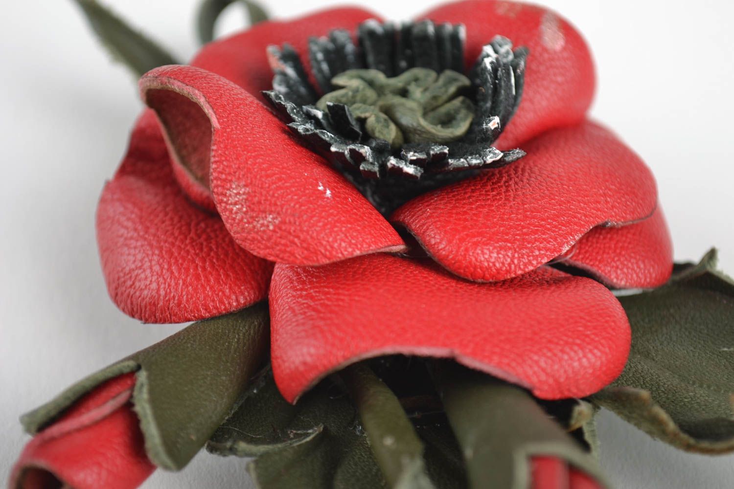 Leather poppy brooch handmade leather unique accessory present for woman  photo 5