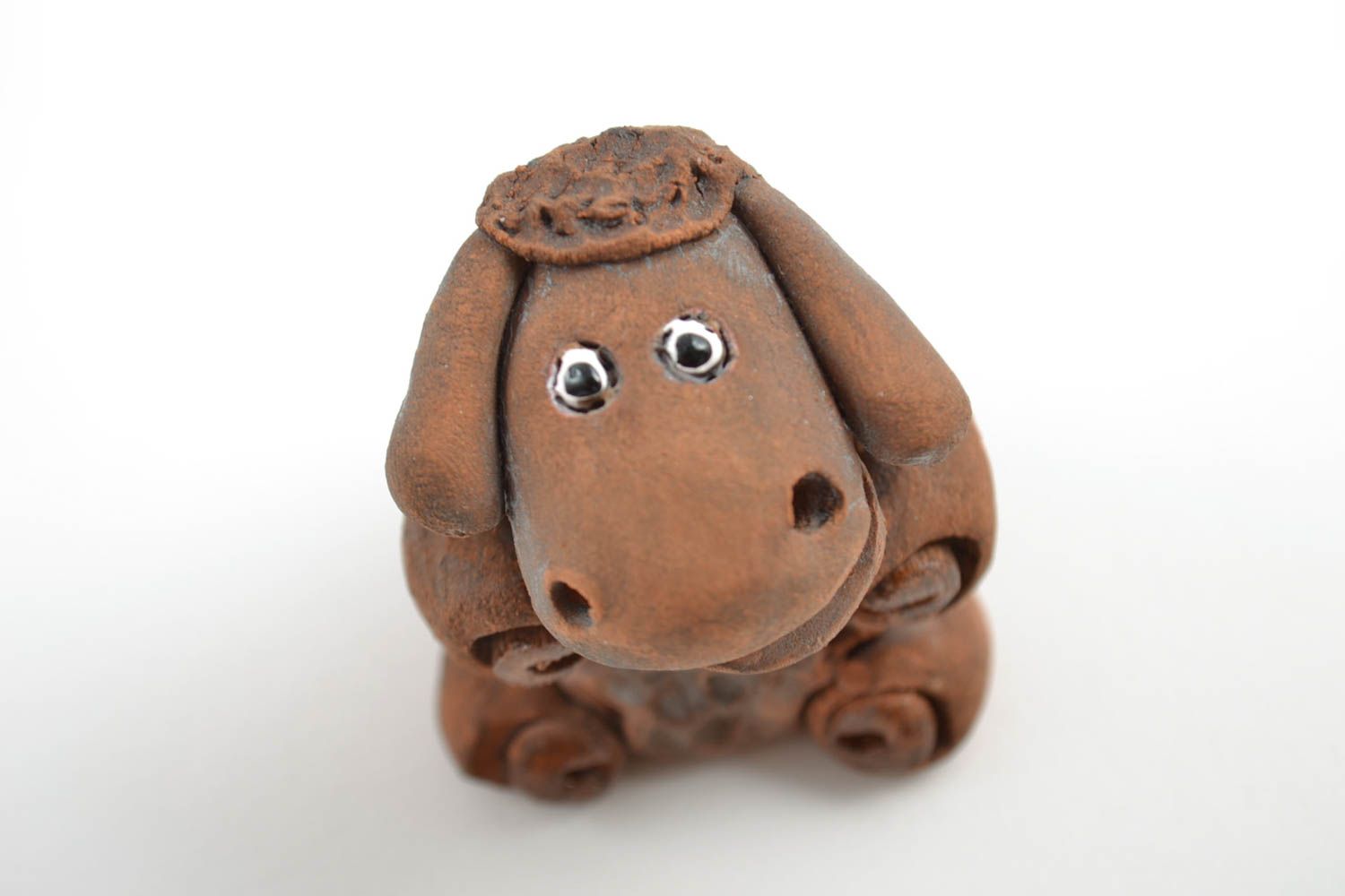 Handmade tiny designer collectible dark brown ceramic figurine of lamb photo 5