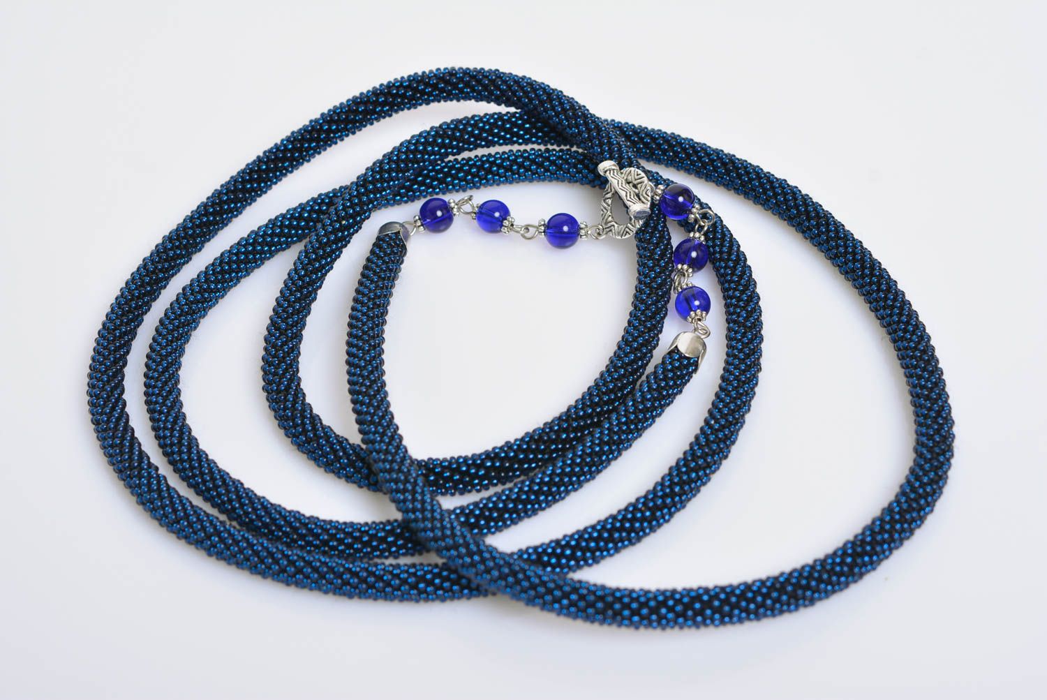 Handmade long laconic designer dark blue bead woven cord necklace for women photo 2