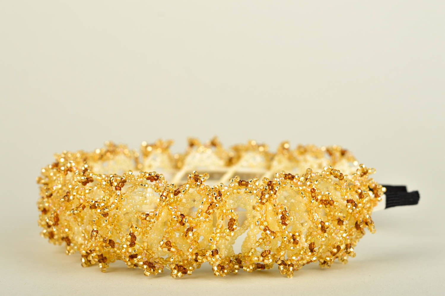 Handmade Glasperlen Schmuck Haarreif mit Perlen Accessoire für Haare goldfarben foto 5