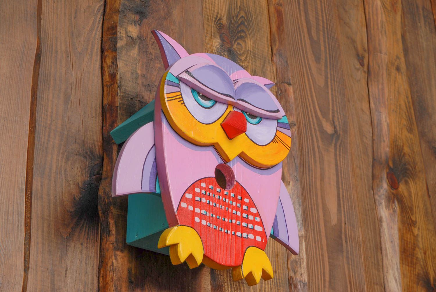 Painted soft wood birdhouse in the shape of owl photo 4