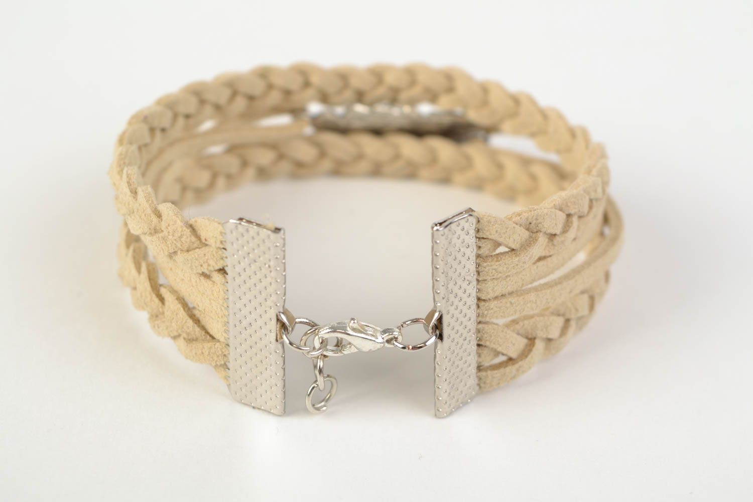 Handmade designer suede cord bracelet with owl charm beige accessory photo 4