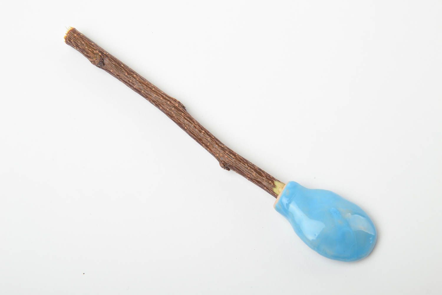 Beautiful glazed handmade designer clay spoon with apricot wood handle photo 3