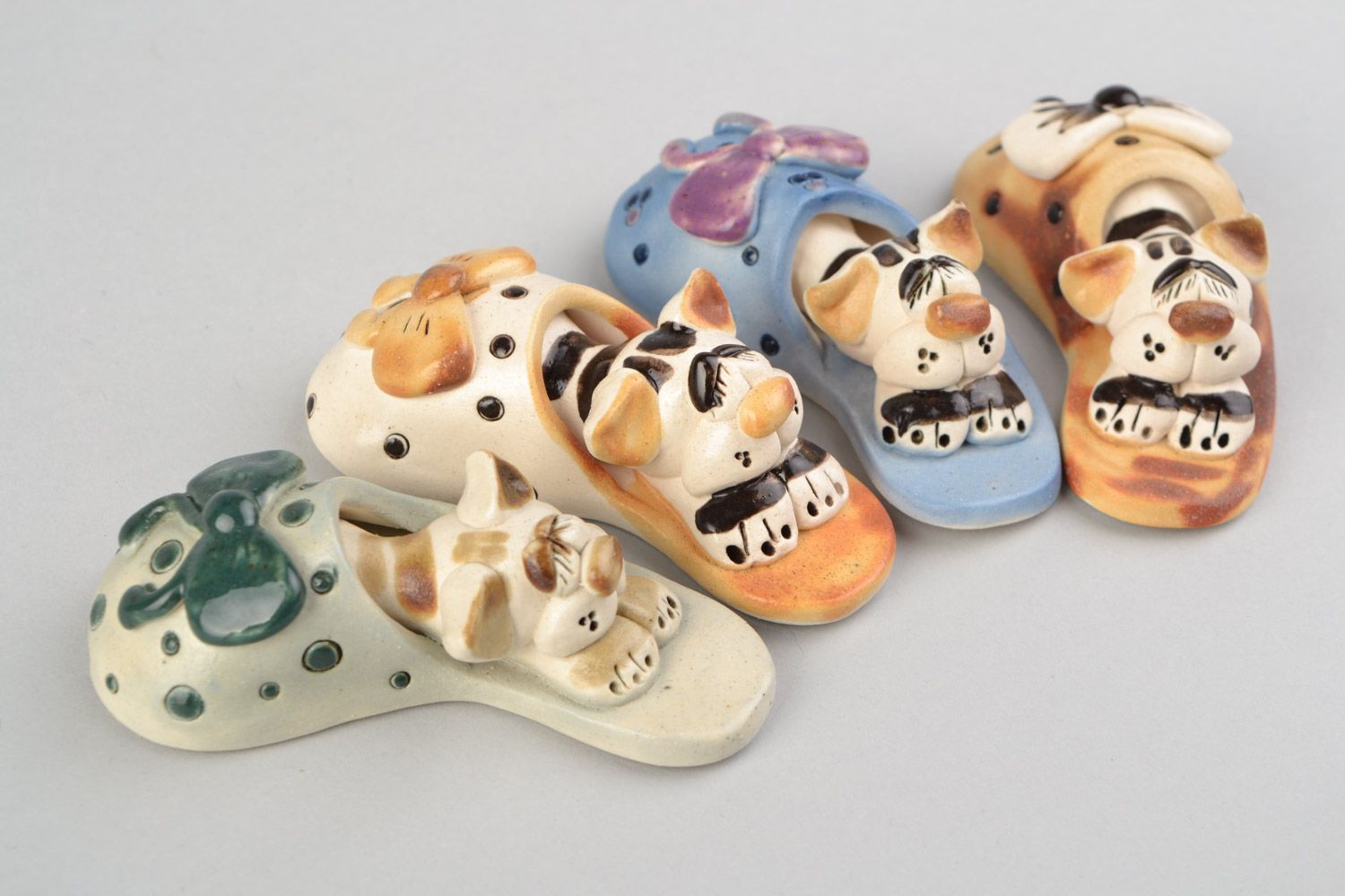 Set of 4 handmade designer miniature ceramic figurines of cats in slippers photo 1