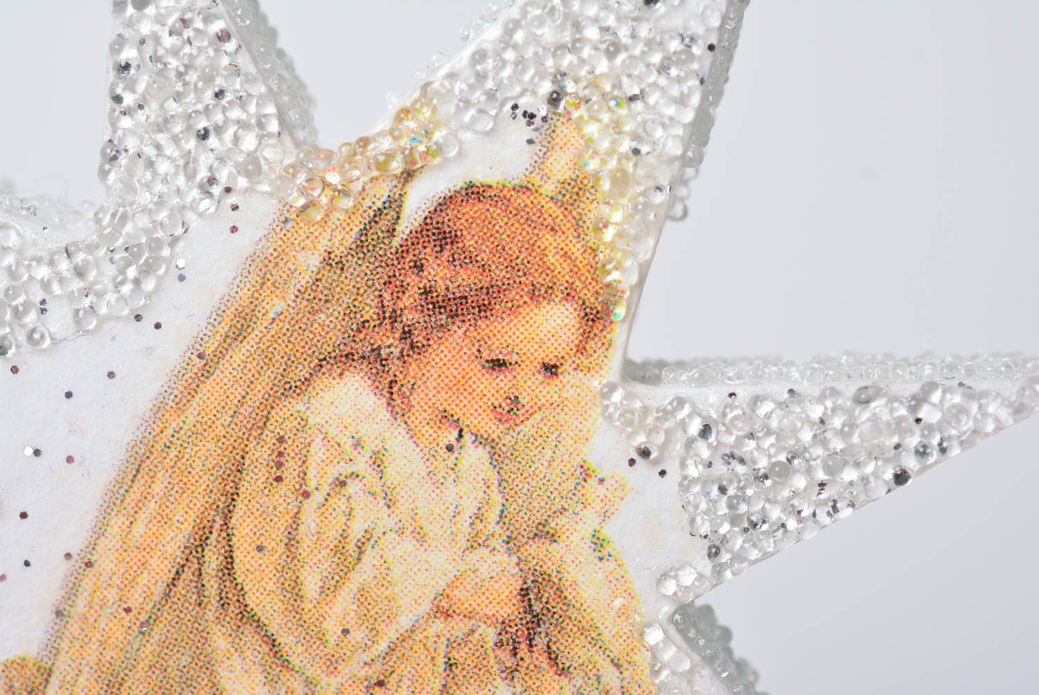 Suspension décorative étoile en bois avec ange faite main claire serviettage photo 4