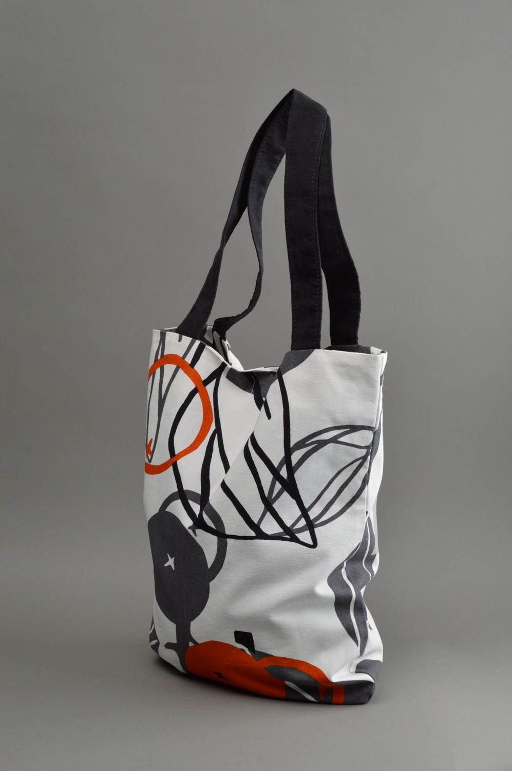 Серая женская сумка пакет из натурального хлопка с принтом ручной работы фото 2