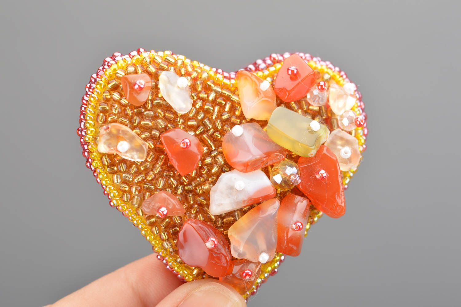 Gorgeous bright designer handmade beaded brooch created in form of heart photo 3