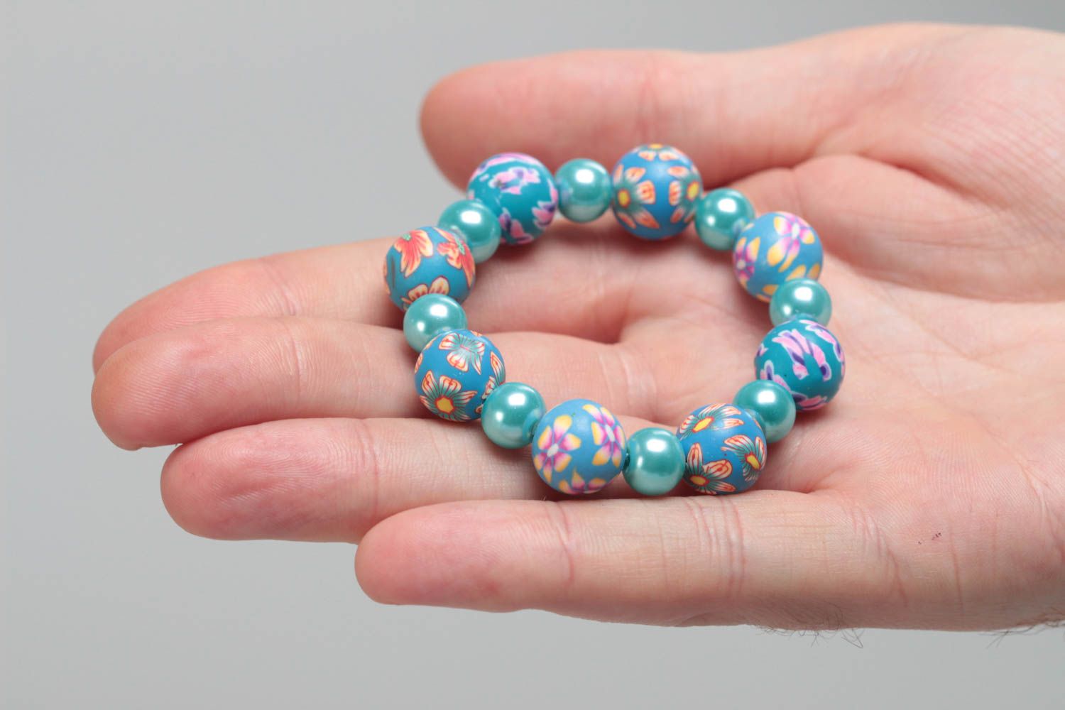 Nice blue handmade children's polymer clay wrist bracelet with beads photo 5
