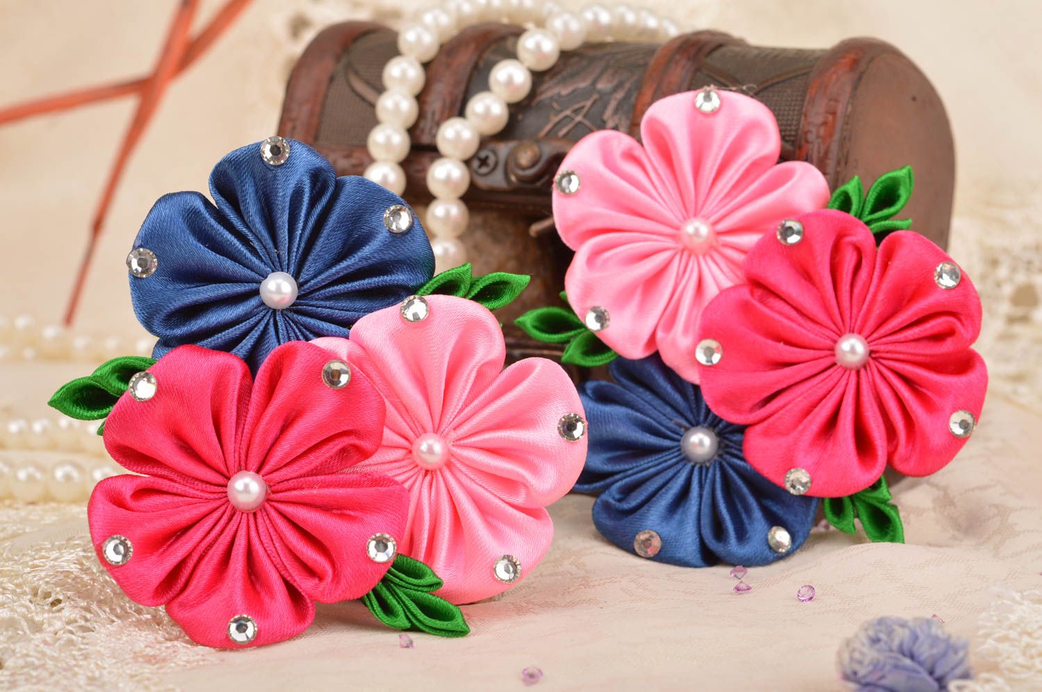 Set of hairpins made of satin ribbons handmade accessories for girls 2 pieces photo 1