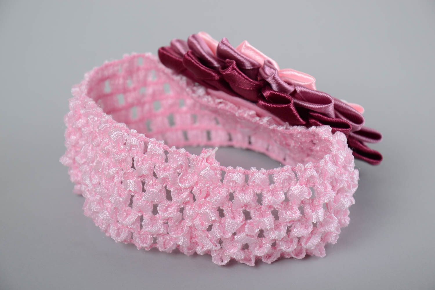 Handmade designer stretch crocheted headband with lilac kanzashi flower for girl photo 2